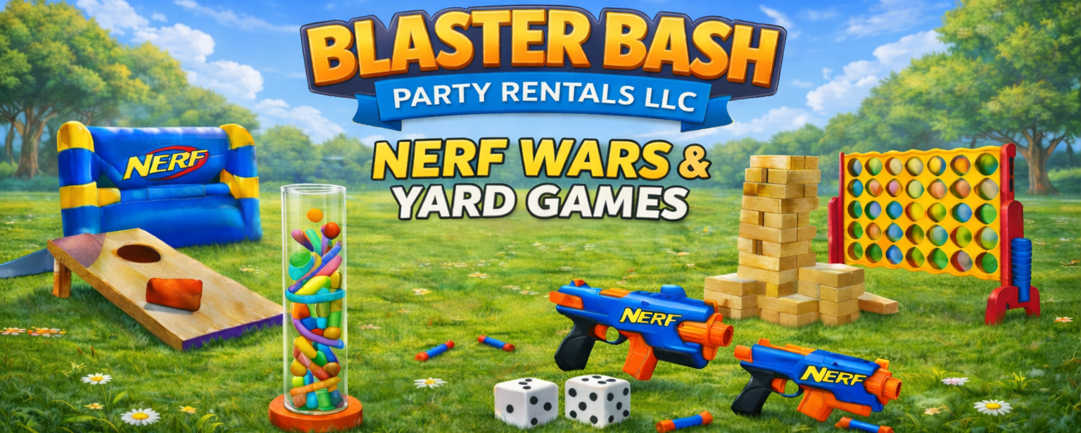 DIY Nerf Wars and yard game party rental setup on grass